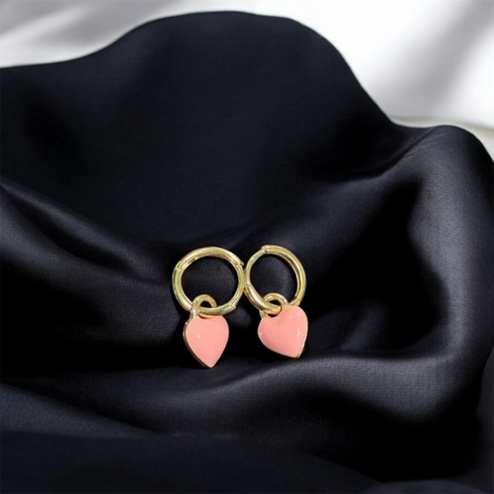 Gold Tone Pink Heart Dangle Earrings | Dainty Cute Minimalist Fashion Jewelry